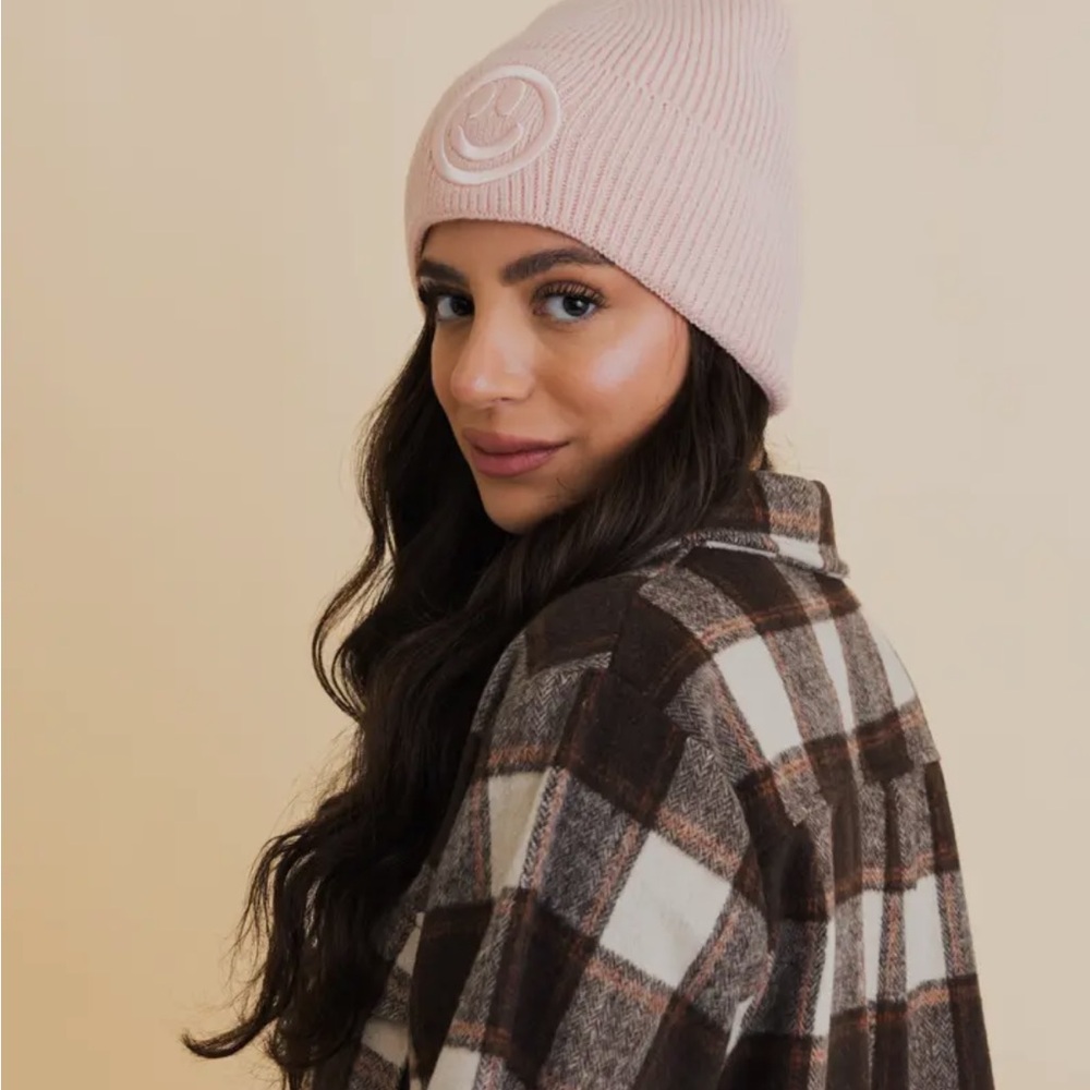 Happy Face Embroidered Ribbed Knit Beanie - Picture 2 of 14